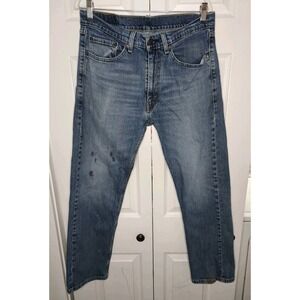 Levis 505 Jeans Mens 34x30 Blue Denim Straight Leg Light Wash Distressed Zip Fly